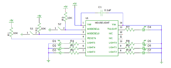 Animated house lighting for model railroads example circuit